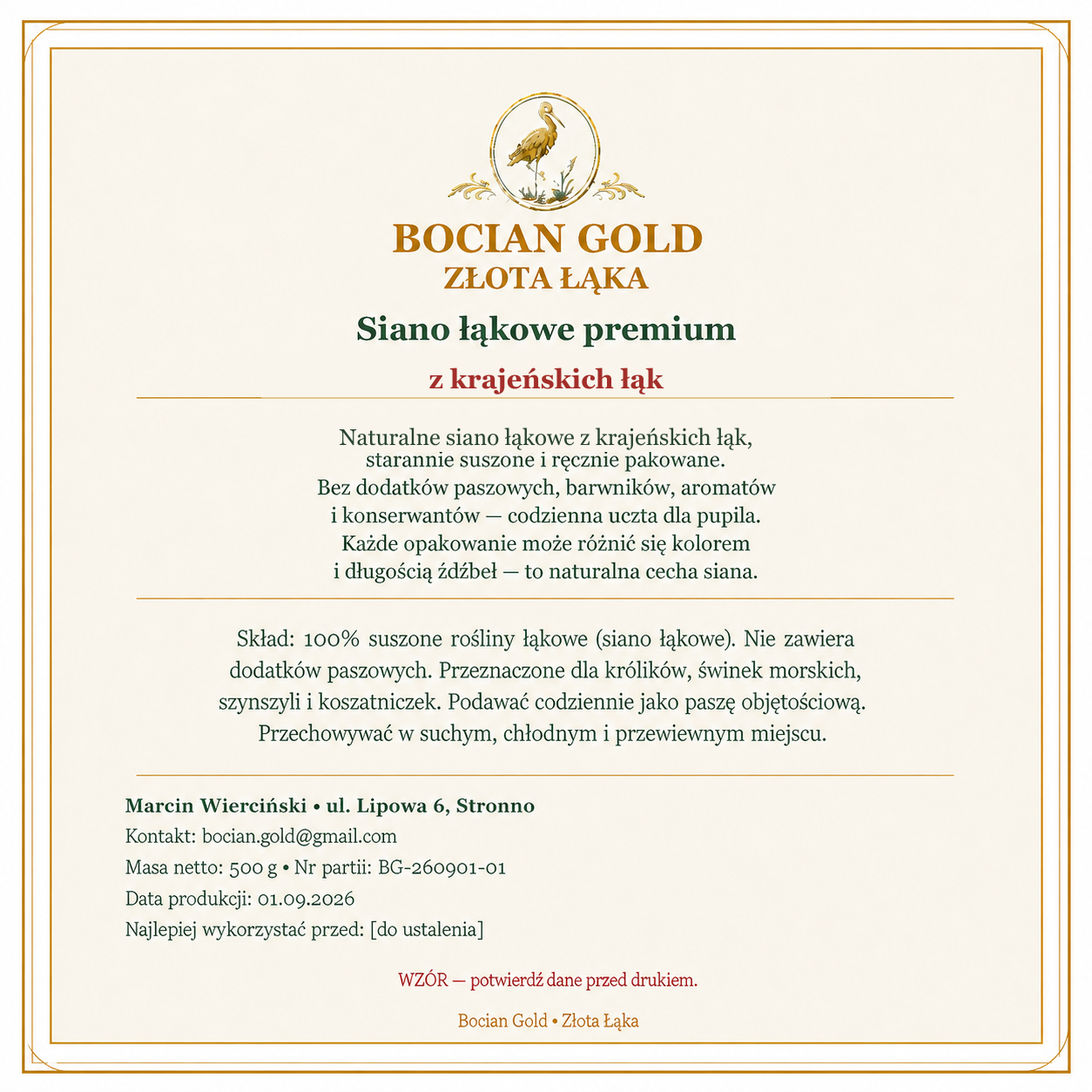 Tył etykiety Bocian Gold – Złota Łąka